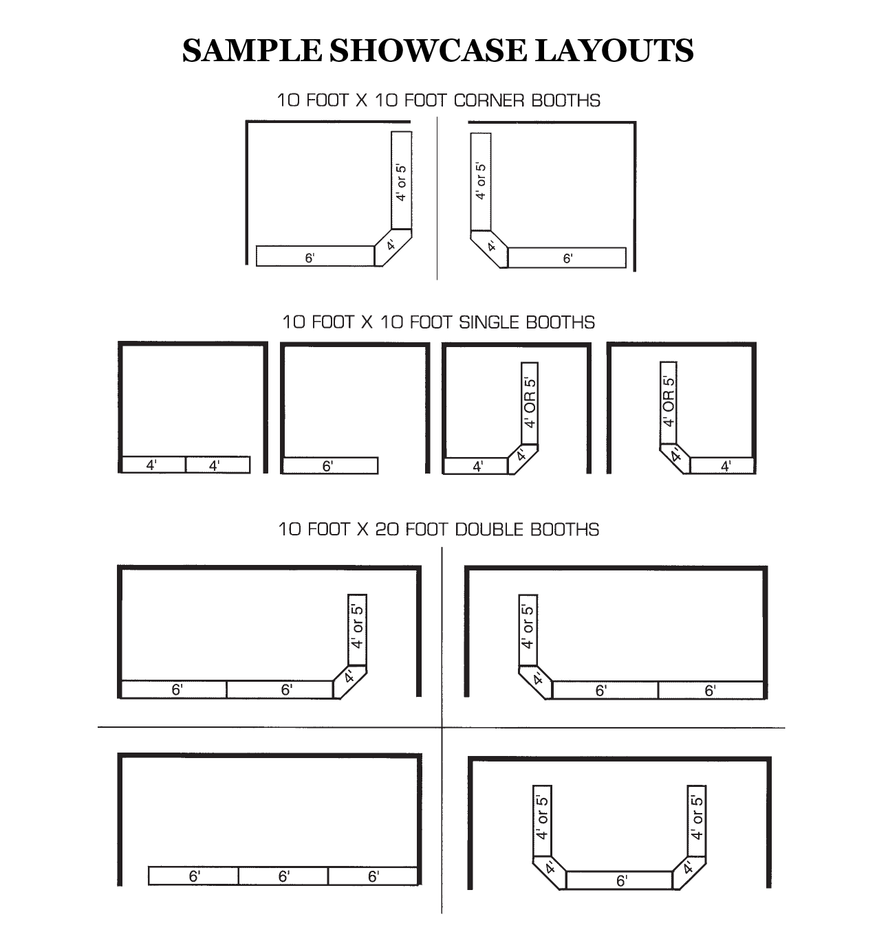 Sample trade show booth layouts using American Fixture & Display showcases